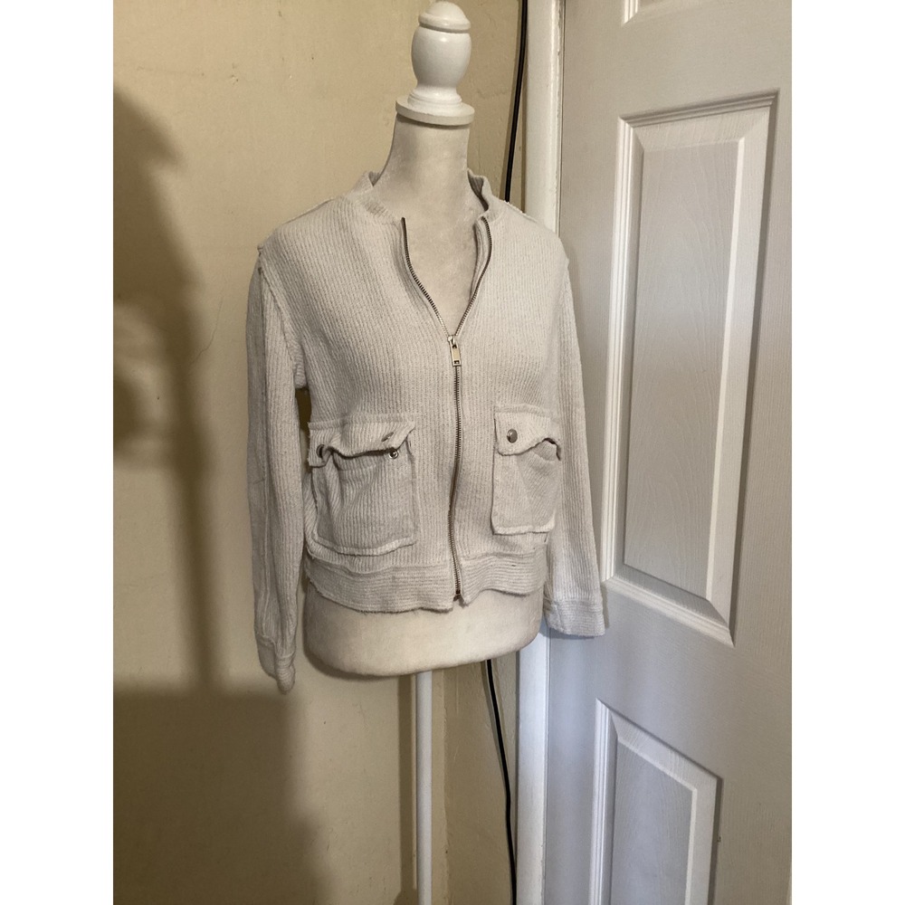 Banana Republic Womens Cream Ribbed Knit Zip Up Utility Cargo Jacket Small